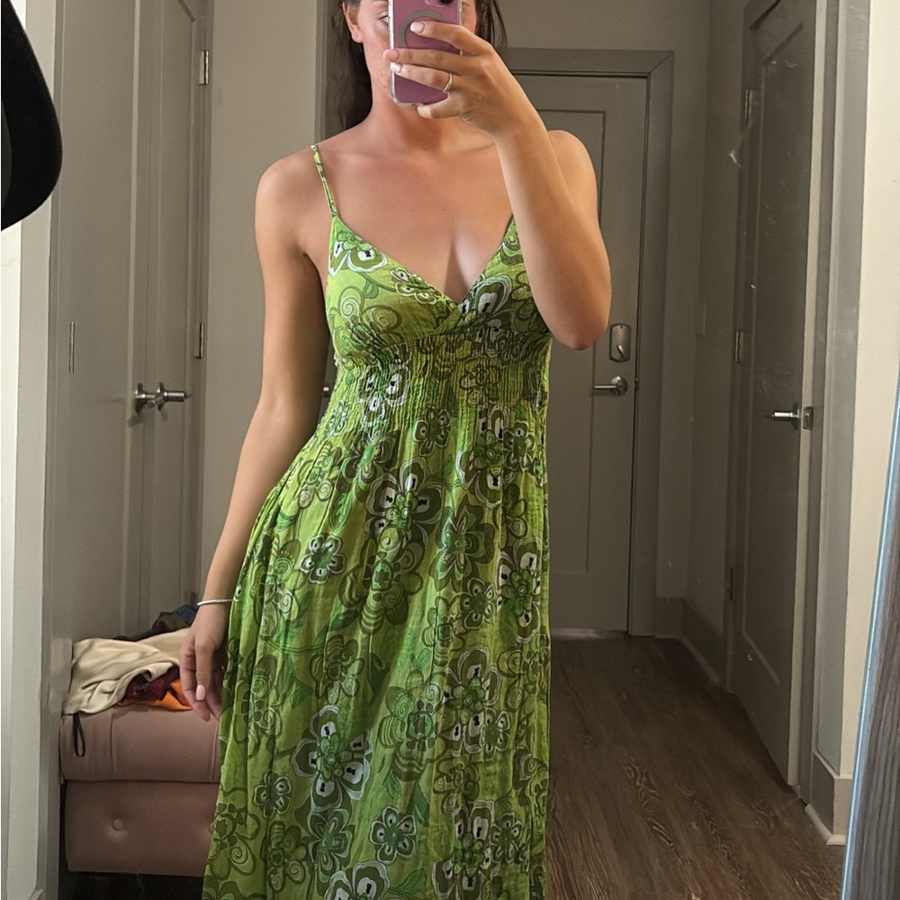 Green Floral Spaghetti Strap Dress